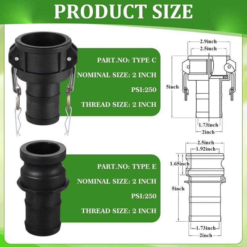 Innconee 2 Set Camlock Fittings Type C&E 2 Inch Polypropylene Cam and Groove Hose Fitting Kit Include 2" Female Coupling Cam Lock, 2" Male Adapter Camlock, Gasket, Hose Clamps for Industrial - Image 2